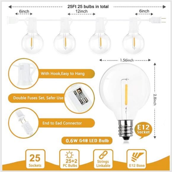 25Ft LED Outdoor String Lights,Connectable Bright LED Patio Lights String - Picture 2 of 7